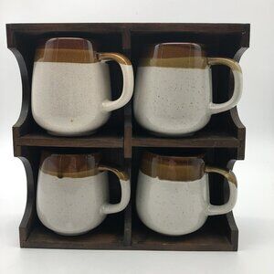 Vintage Wood Coffee Mug Display Case With 4 Stoneware Mugs Wall Hanging Shelf